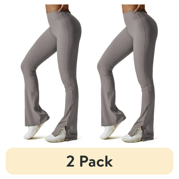(2 pack) FITOP Womens Ribbed Flared Leggings Slit Hem High Waist Bootcut Yoga Pants Workout Bootleg Pants