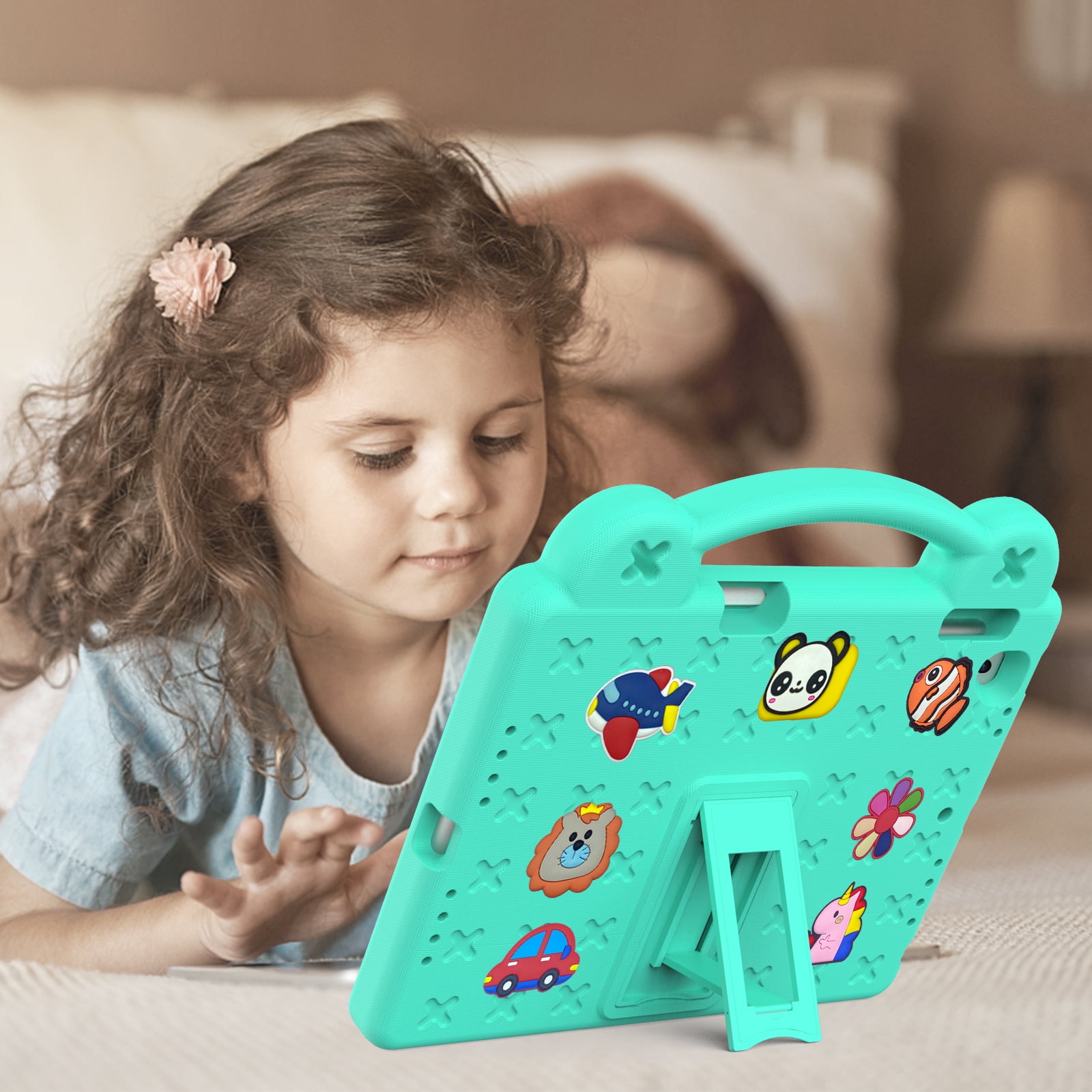 ELEHOLD Kids Case for iPad 6th/5th Gen/Pro (2018/2017/2016) 9.7 inch, EVA Foam Cute Cartoon Case with Built-in Kickstand Pencil Holder Shockproof Portable Case for iPad 9.7"/iPad Air/Air 2,Mintgreen