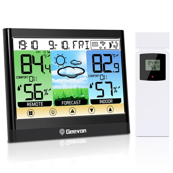 Geevon Weather Station Indoor Outdoor Thermometer Wireless, with Dew Point, Heat Index, Touch LCD Display Outdoor Thermometer