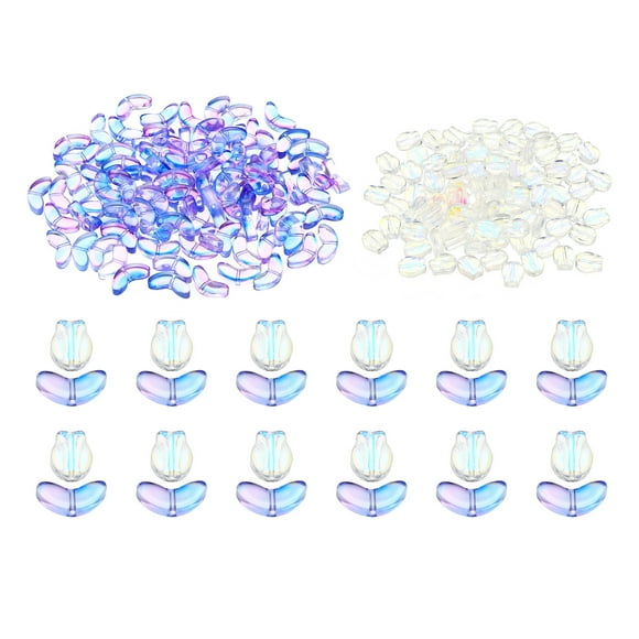 Unique Bargains Perles en Verre Cristal Fleur Tulipe, Lot de 200 Perles Texturées en Verre Artisanal, Blanc/violet
