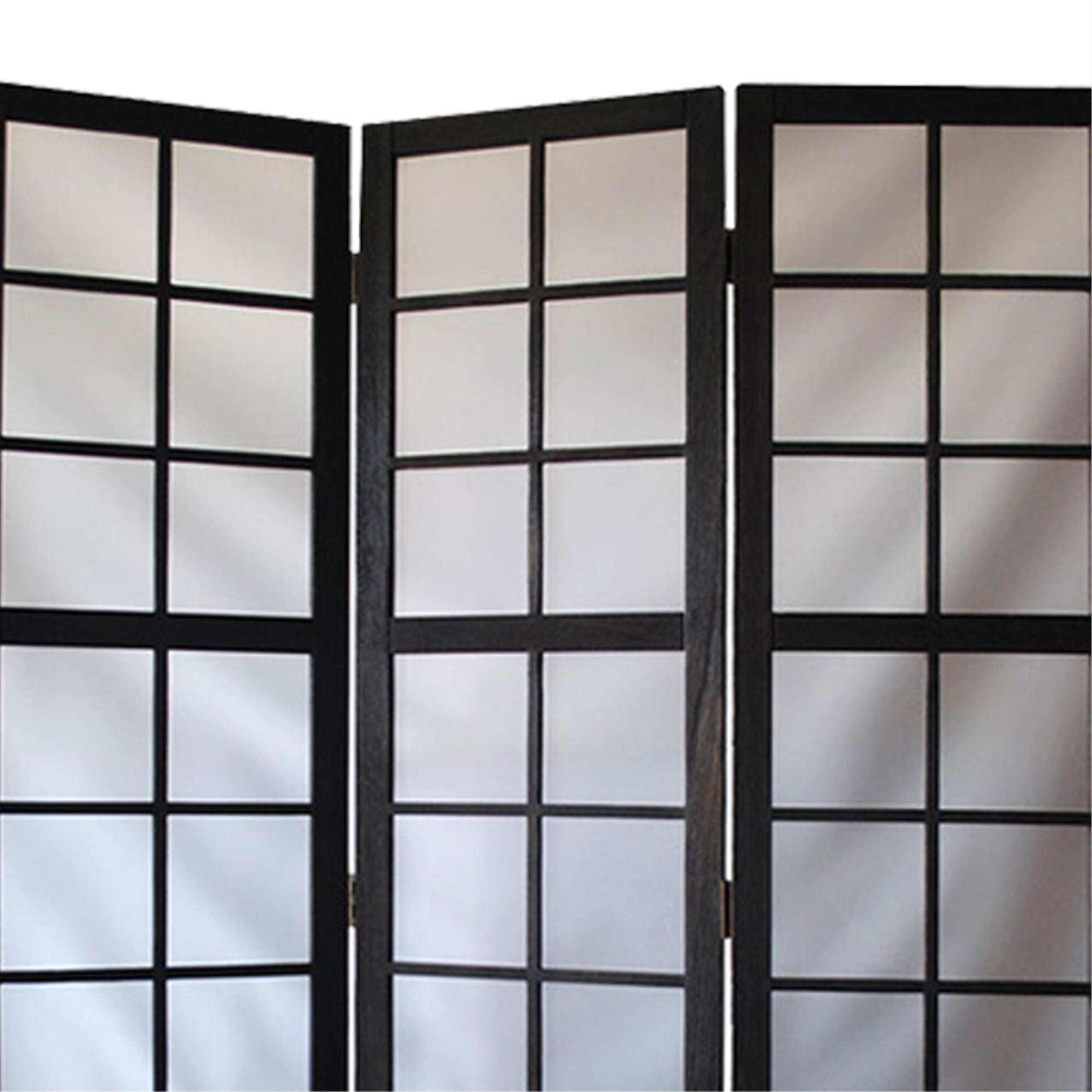 3 Panel Room Divider with Frosted Glass Like Plastic Inserts, Black and