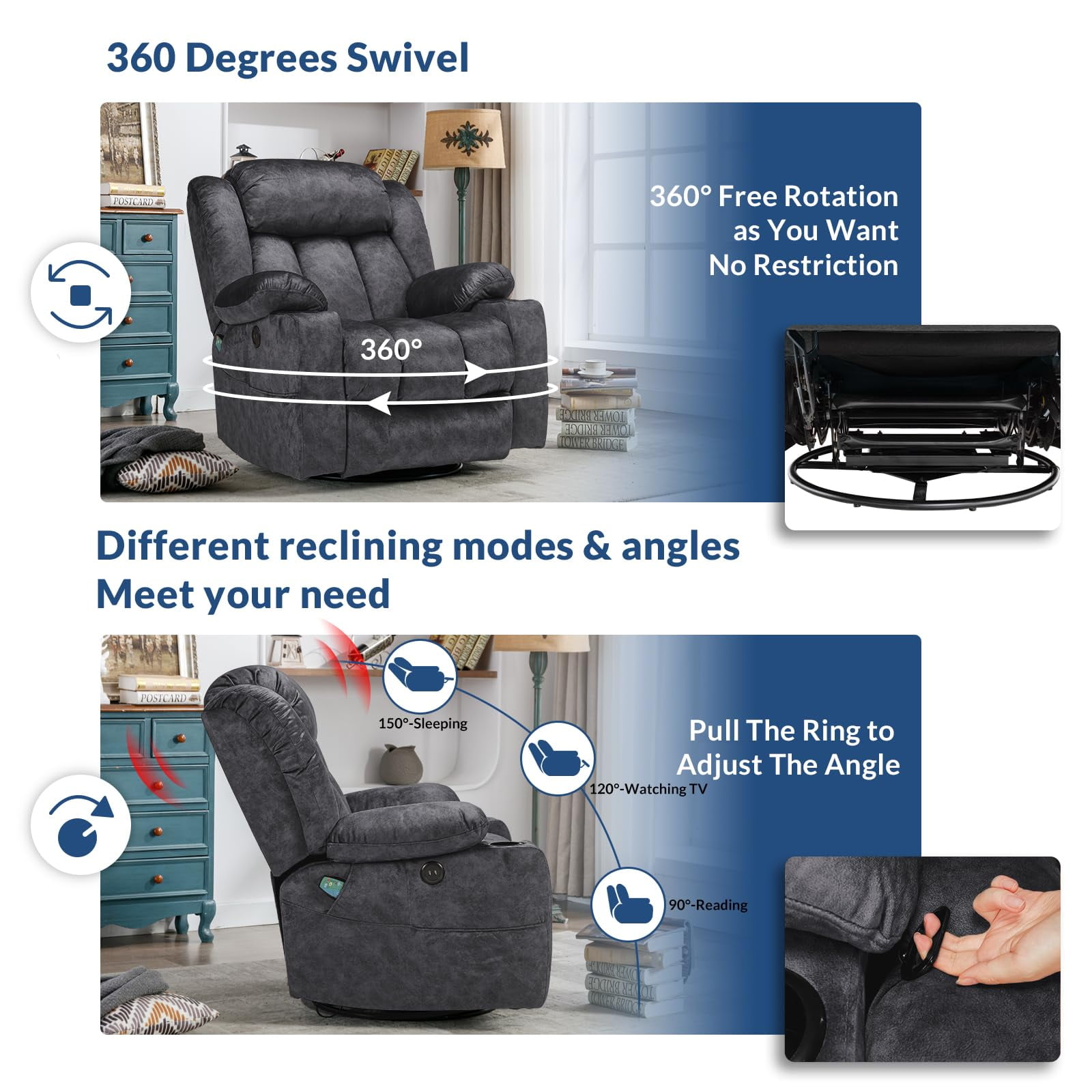 Manual Swivel Glider Rocker Recliner Chair with Heated Massage, 360° Swivel Overstuffed Lounge Chair with 2 Cup Holders, Side Pockets & USB Ports for Living Room, Fabric Gray