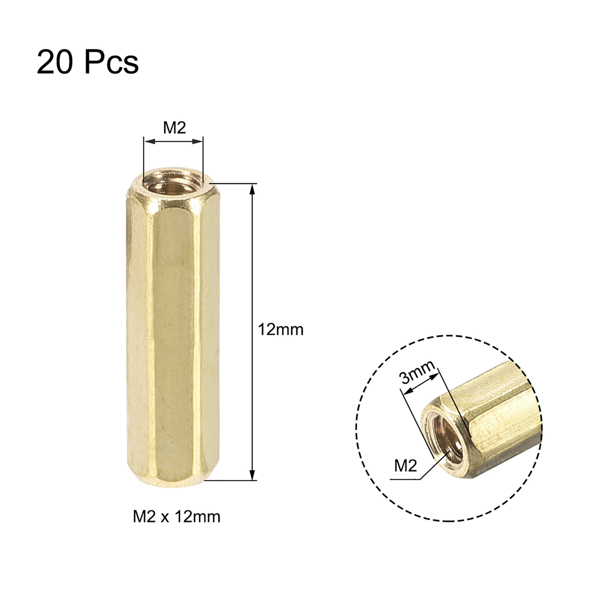 M2 x 12mm Female to Female Hex Brass Spacer Standoff 20pcs 