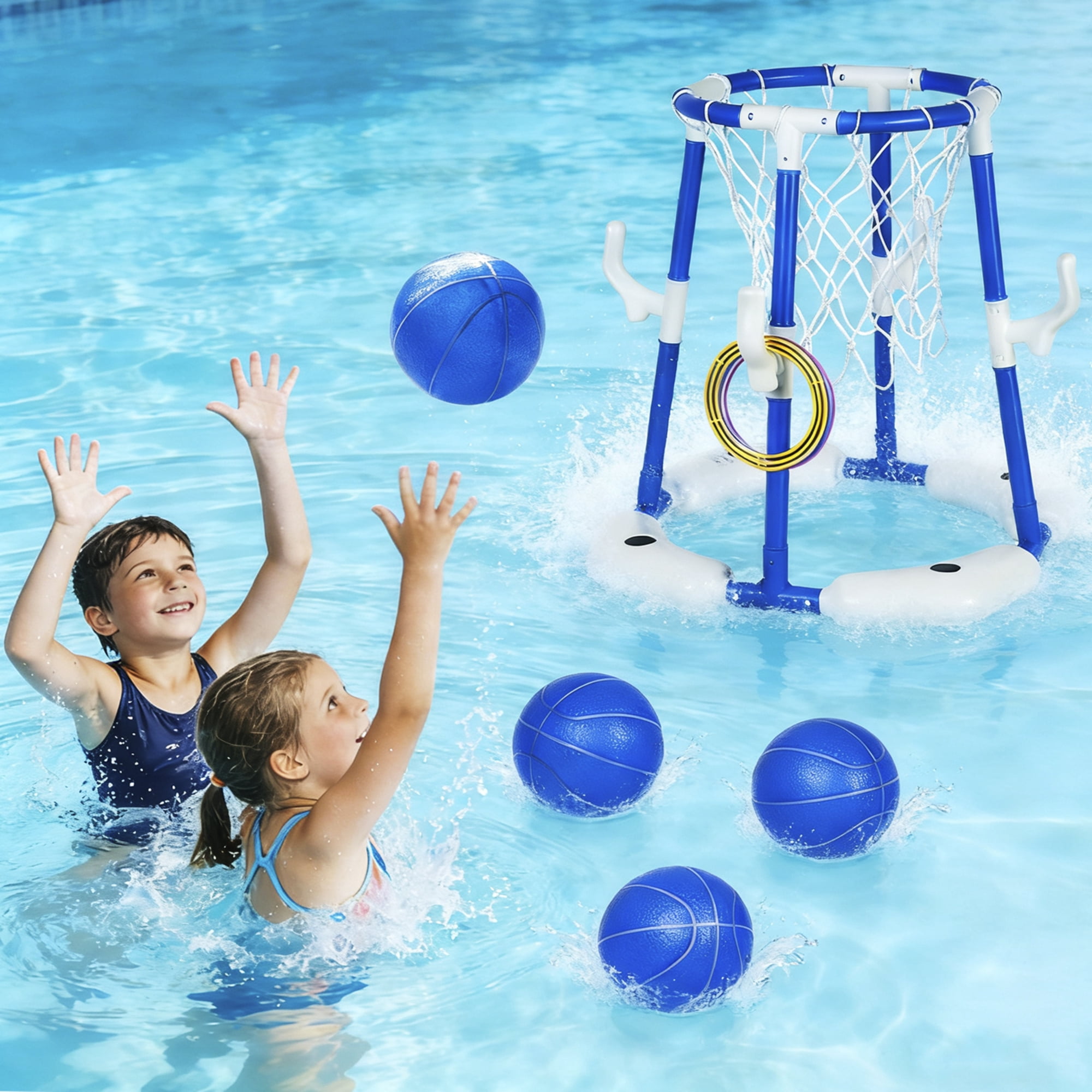 Easy Playhouse: 2-In-1: Pool Basketball Hoop & Ring Toss Game - Blue Floating Water Toy Set, Shoot-Toss-Play, 4 Balls, 4 Dive Rings, Pump, Family Kids
