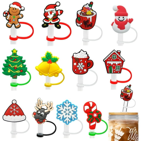 Christmas Straw Cover Caps,12 Pack Christmas Style Cute Silicone Straws Tips Covers,Straw Toppers For Tumblers, Suitable for 8-10mm Drinking Straws