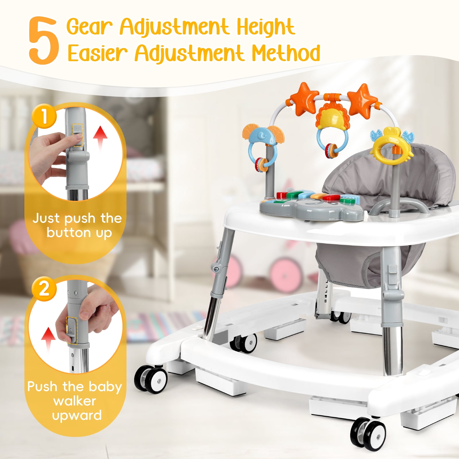 XIOYIG 5 in 1 Baby Walker, Music and Lights Walker for Baby Boy Girls 6-18 Months, Foldable Baby Walkers with Wheels and Bouncer Combo Portable, Toddler Infant Walker with Adjustable Height