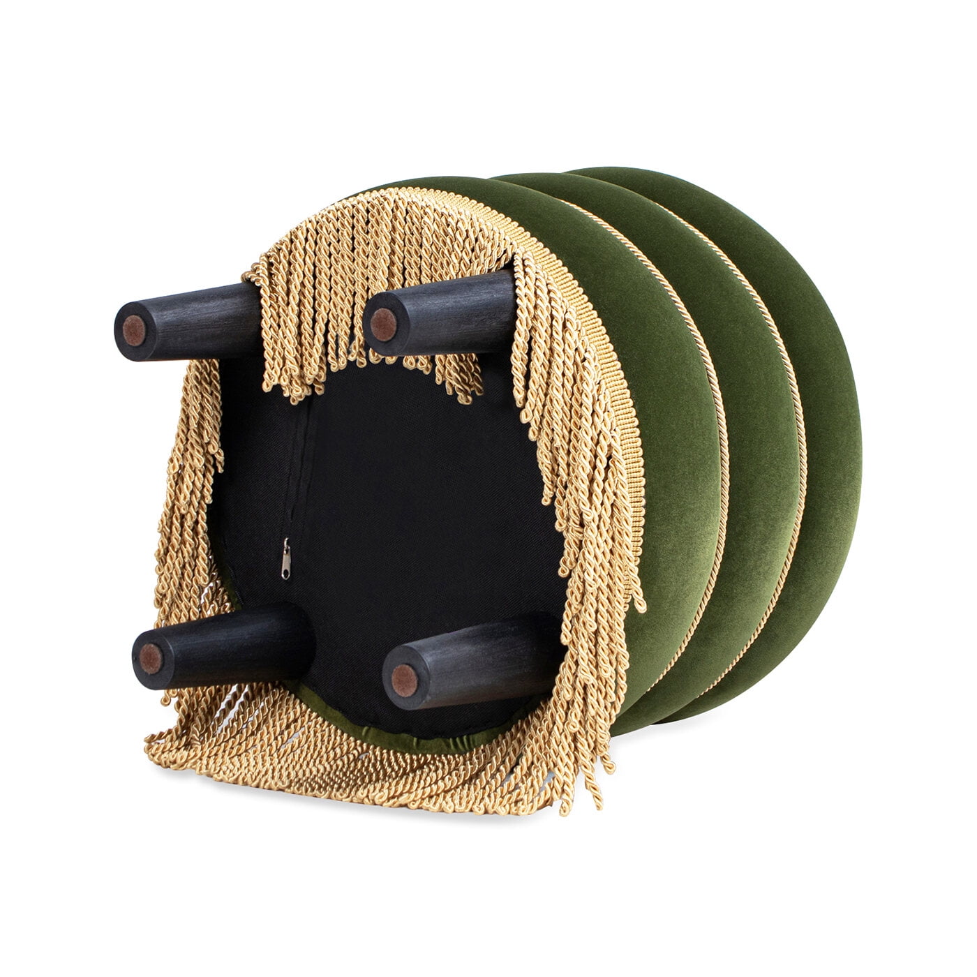 Ottomans With Storage Edward 17.5" Round Upholstered Ottoman with Bullion Fringe, Olive Green Performance Velvet,Living Room Ottomans