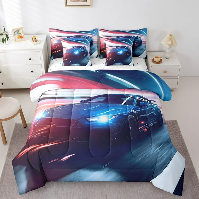 Ensemble de Literie Voiture de Course Format Simple 7 Pcs pour Garçons Enfants Ados Ensemble de Douillette Voiture de Sport Ensemble de Literie Sport Extrême Ensembles de Douillette Cool Voiture de Course Lit en Sac Accessoires de Literie de Compétition Vitesse Déco de Chambre Voiture