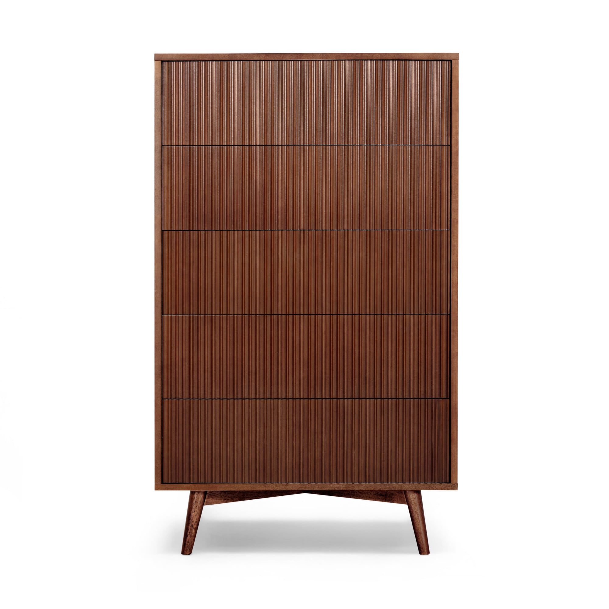 Tremolo 5-Drawer Dresser, Walnut – Teamson Home: Push-Open Chest of Drawers with Natural Acacia Fluted Fronts for Modern Bedrooms & Closet Storage