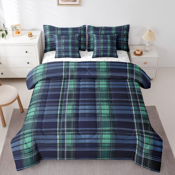 Manfei Geometric Plaid 7-Piece Twin Bedding Sets for Teens Female Men,Retro Grid Bedding Comforter Set,Vintage Buffalo Breathable Sheet Sets,Ultra Soft Home Decor,Reversible