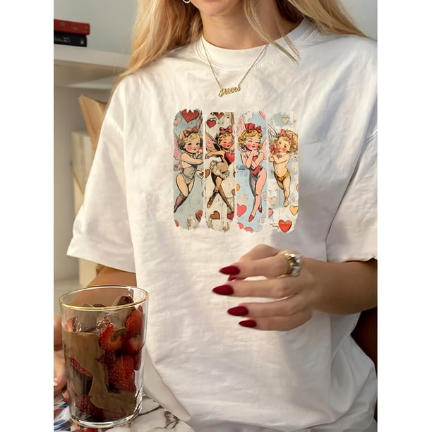 Women's Retro Graphic Print T-Shirt - Casual Crew Neck, Short Sleeve, Summer Top with Vintage Pin-Up Artwork, White Polyester Tee for Women, Machine Washable Clothing | Vintage Graphic Tee | Knit Con