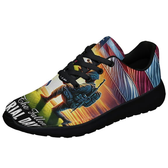 Veteran Memorial Day Honor The Fallen American flag Soldier Kneeling The Cross Shoes Sneakers Black Size 3.5