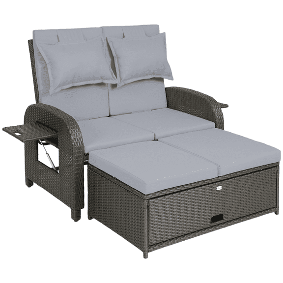 Patio Rattan Daybed with Storage, Outdoor Loveseat Daybed, Adjustable Backrest, Gray Wicker Furniture