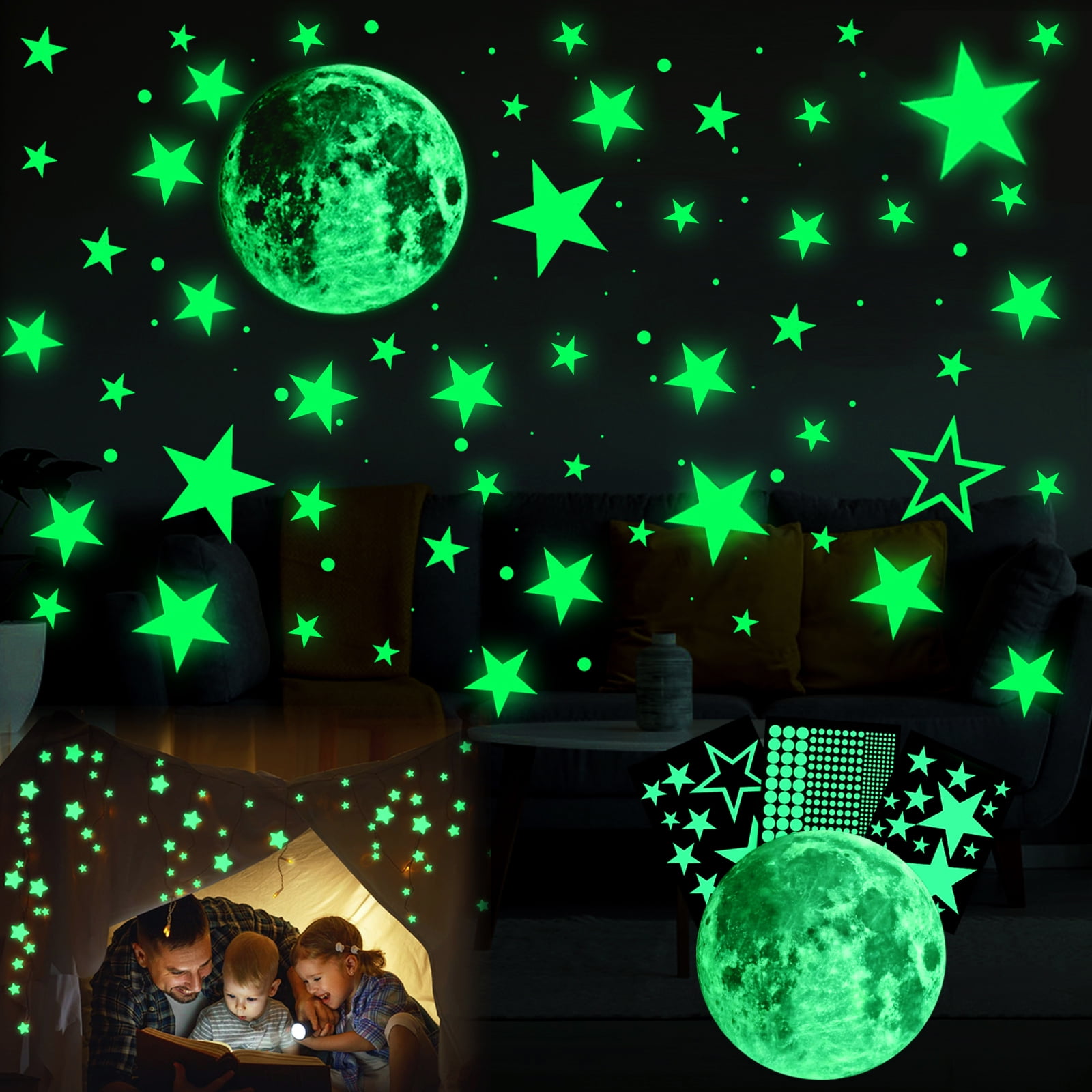 435pcs Glow in the Dark Stars Wall Stickers for Ceiling, EEEkit Luminous Adhesive Moon Dot Stars Wall Decals, Waterproof Non-Toxic for Baby Girls Boys Kids Gift, Home Bedroom Living Room Decoration