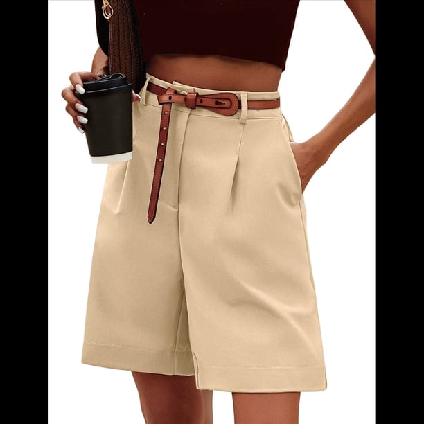 Pantalones Cortos de Verano para Mujer, con Cintura Elástica, Pierna y Hasta la Rodilla, con Bolsillos, Color Caqui, Talla XL
