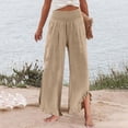 thumbnail image 7 of Wide Leg Linen Pants for Women Cropped Elastic Waist Ruffle Hem Beach Flowy Pants with Pockets Womens Spring Pant Light Brown L, 7 of 7