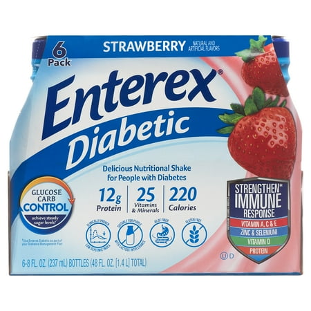 Enterex Diabetic Nutritional Meal Replacement Shake,For People with Diabetes,Strawberry , 8 fl oz, 6 Pack