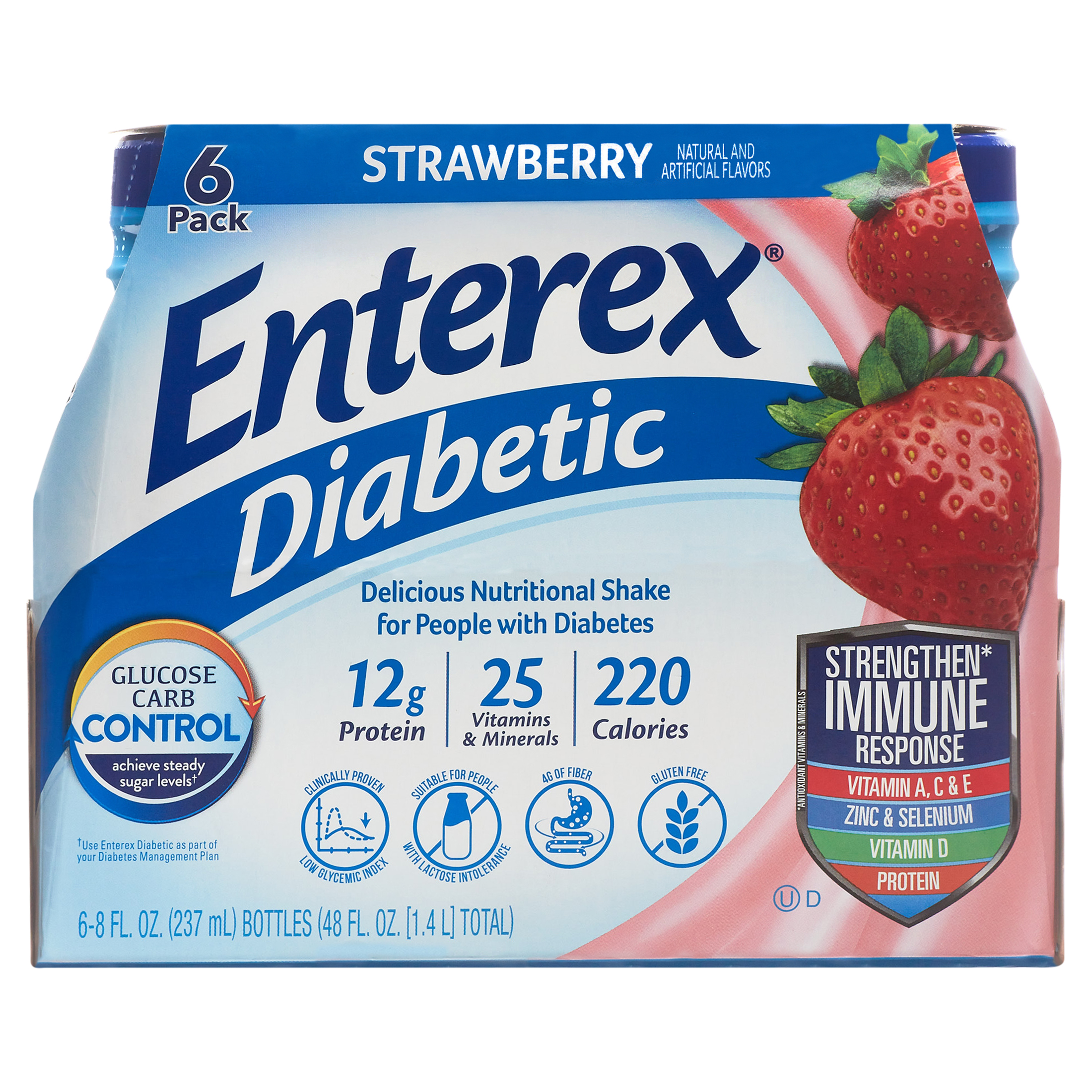 Enterex Diabetic Nutritional Meal Replacement Shake,For People with Diabetes,Strawberry , 8 fl oz, 6 Pack - image 3 of 9