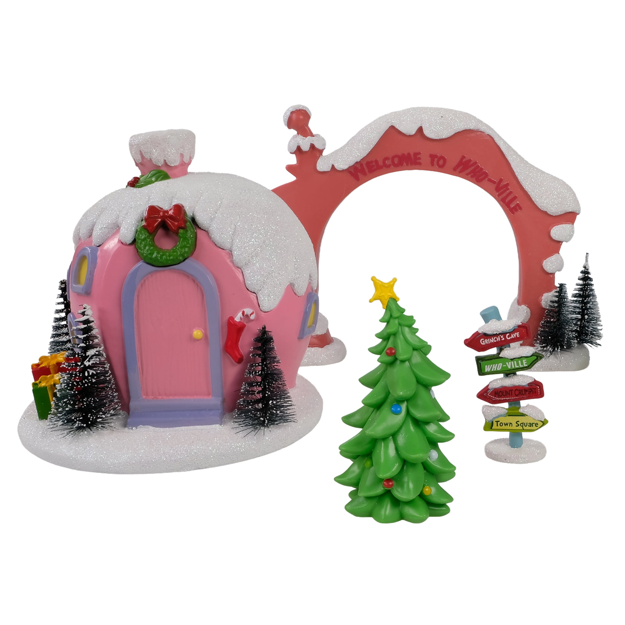 Dr. Seuss The Grinch Whoville Village 4‑Piece Christmas Set — House, Arch, Sign Post & Tree