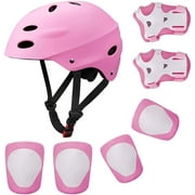 KUYOU Kids Protective Gear, Kid Bike Helmet Knee Pads and Elbow Pads Set with Wrist Guard Skateboard Accessories for Rollerblading Skateboard Cycling Skating Bike Scooter,Pink