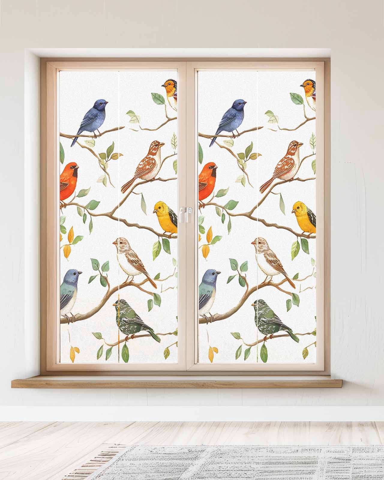 Window Privacy Film Spring Bird Leaf Stained Glass Window Film Decorative Sun Block Window Cover Farmhouse Tree Branch Nature Animals Window Clings Static Adhesive Sticker for Bathroom 23.6"x59"