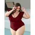 thumbnail image 3 of TIYOMI Plus Size 5X One Piece Swimsuit For Women Wine Red Swimwear Ruffled Deep V Neck Suits Tummy Control Bathing Suits 5XL 26W 28W, 3 of 6