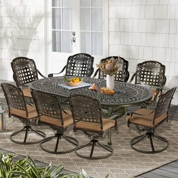 SOCIALCOMFY 9-Piece Patio Cast Aluminum Dining Set, 8 Person Outdoor Dining Furniture Set, includes 84" Oval Table and 8 Swivel Dining Chairs with Umbrella Hole for Patio Deck Garden, Tan