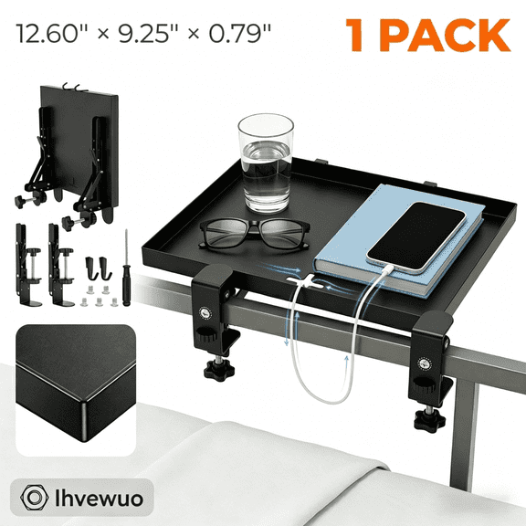 Ihvewuo 1pack Bedside Shelf Foldable Bunk Bed Shelf Heavy Duty Bed Side Table Tray for College Dorm Room Essentials Loft Nightstand Organizer Tray with 1 Cord Hole Black