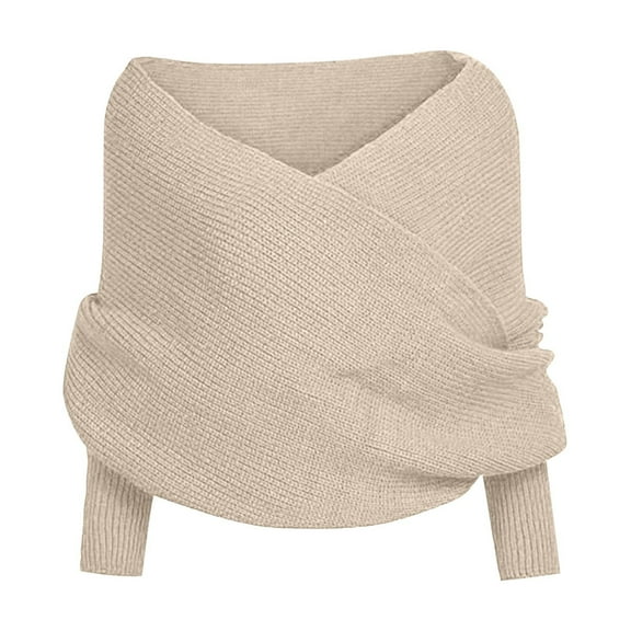 Oplxuo Women's Wrap V Neck Cropped Sweaters Shawl, 2024 Fall Long Sleeve Cross Front Off Shoulder Solid Knitted Pullover Tops