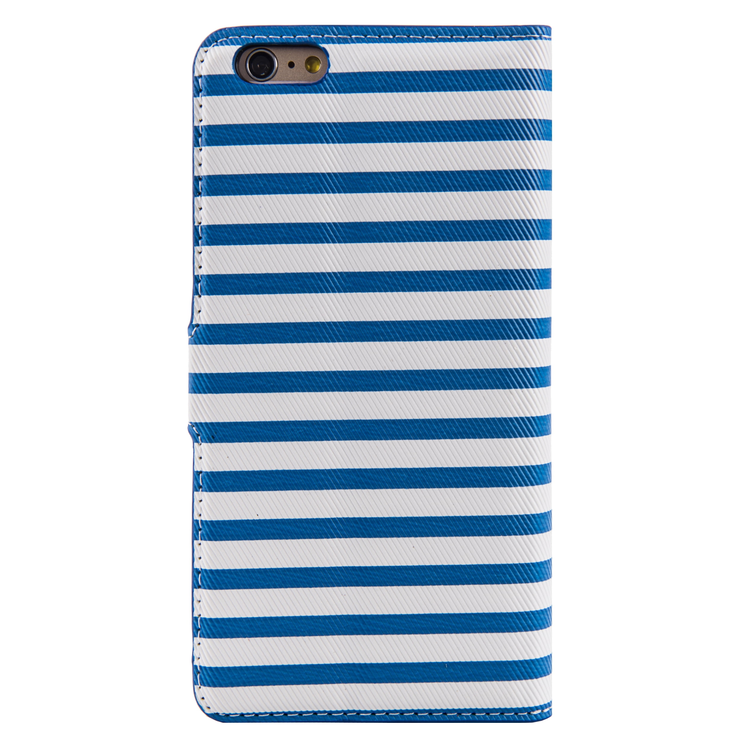 Striped Vegan Leather Wallet Stand Case for Apple iPhone 6 Plus / 6S Plus With 3 Dedicated Card Slots, Cash Slot, and Magnetic Cover / Flap (Blue)