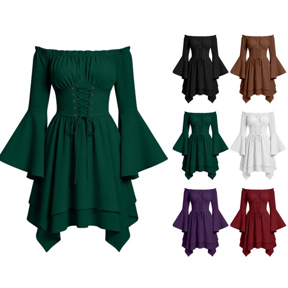 Nugftut Womens Dress Batwing Long Sleeve Halloween Victorian Party Dress with Lace-Up Waist and Tiered Ruffle Hem Wedding Guest Dresses