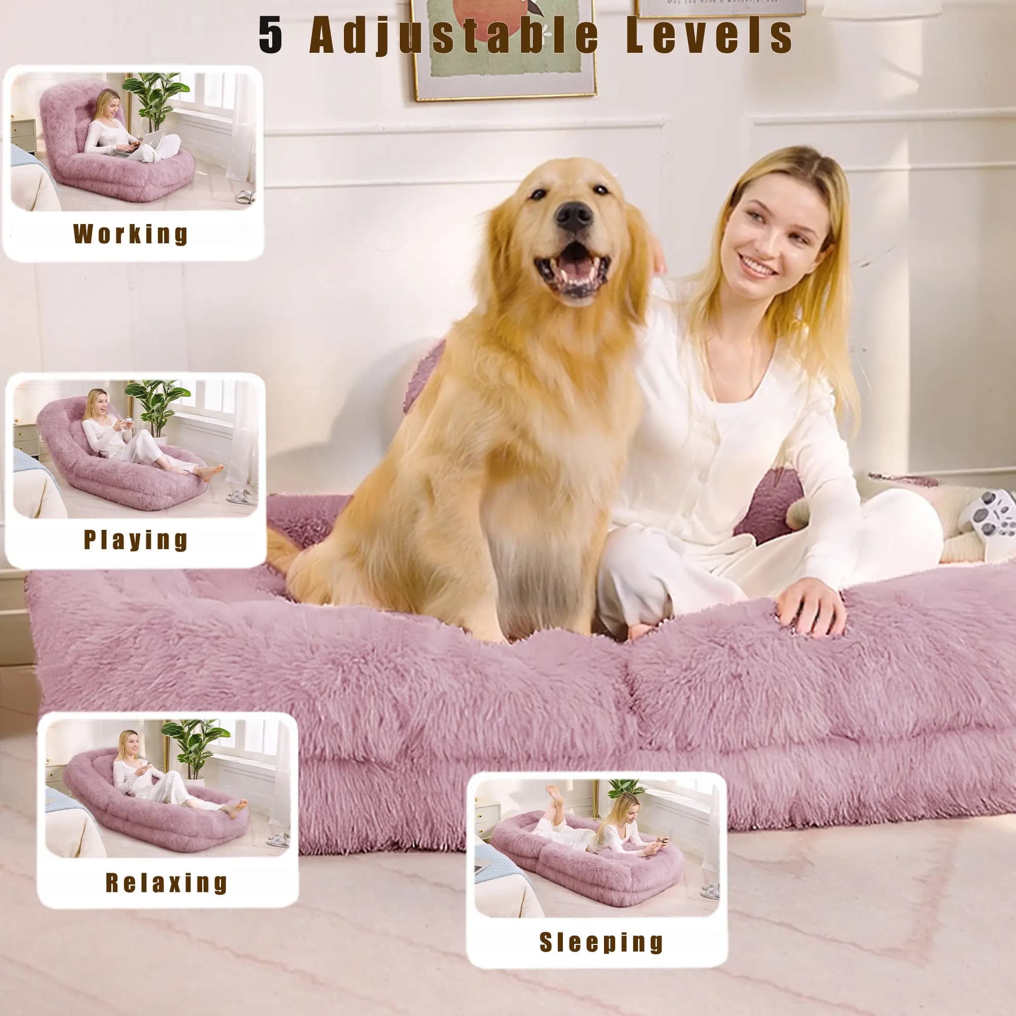 Aukfa Fold Lazy Sofa Bed, Floor Chair Small Couch with 5 Adjustable for Living Room, Plush Fabric,Pink
