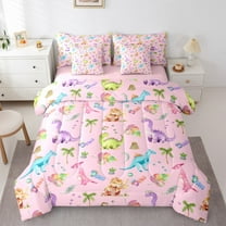 Manfei Colorful Cute Dinosaur Bedding Comforter Set 7pcs,Jungle Animal Queen Bedding Sets,Hawaii Coconut Monstera Queen Sheet Sets For Teens,Super Cozy Room Decor Reversible