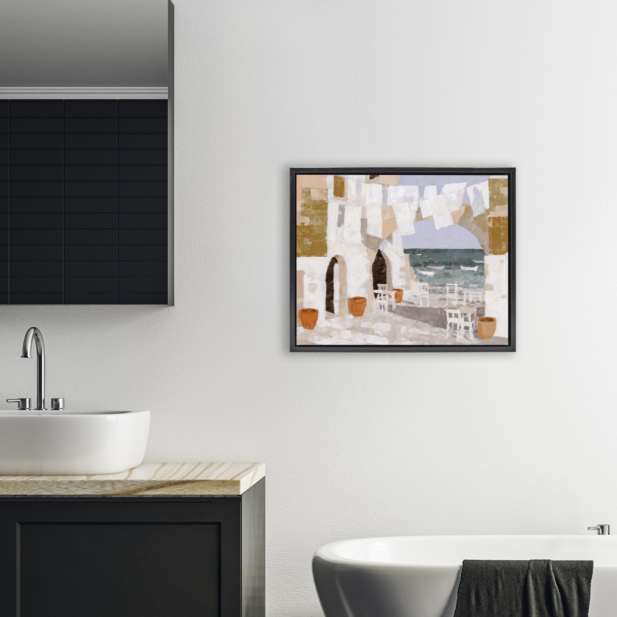 Stupell Industries Coastal Village Plaza Laundry Black Framed Floater Canvas Wall Art, design by Chromatic Storm Studio