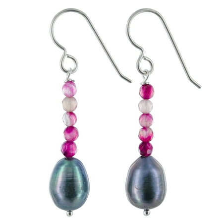 Gray Gemstone Earrings - Ashanti Gray Freshwater Pearl, Pink Agate Gemstone Sterling Silver Handmade Earrings. Jewels