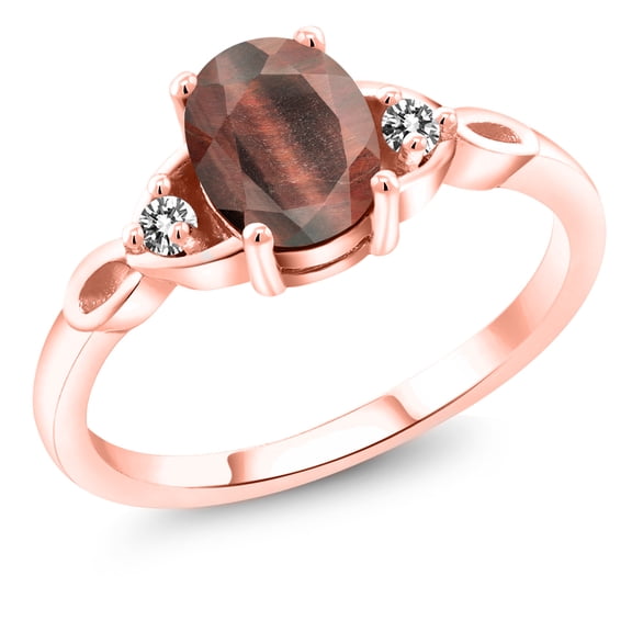 Gem Stone King 18K Rose Gold Plated Silver Red Tiger Eye and White Diamond 3-Stone Rings for Women (1.32 Cttw, Gemstone, Oval 8X6MM, Size 5)