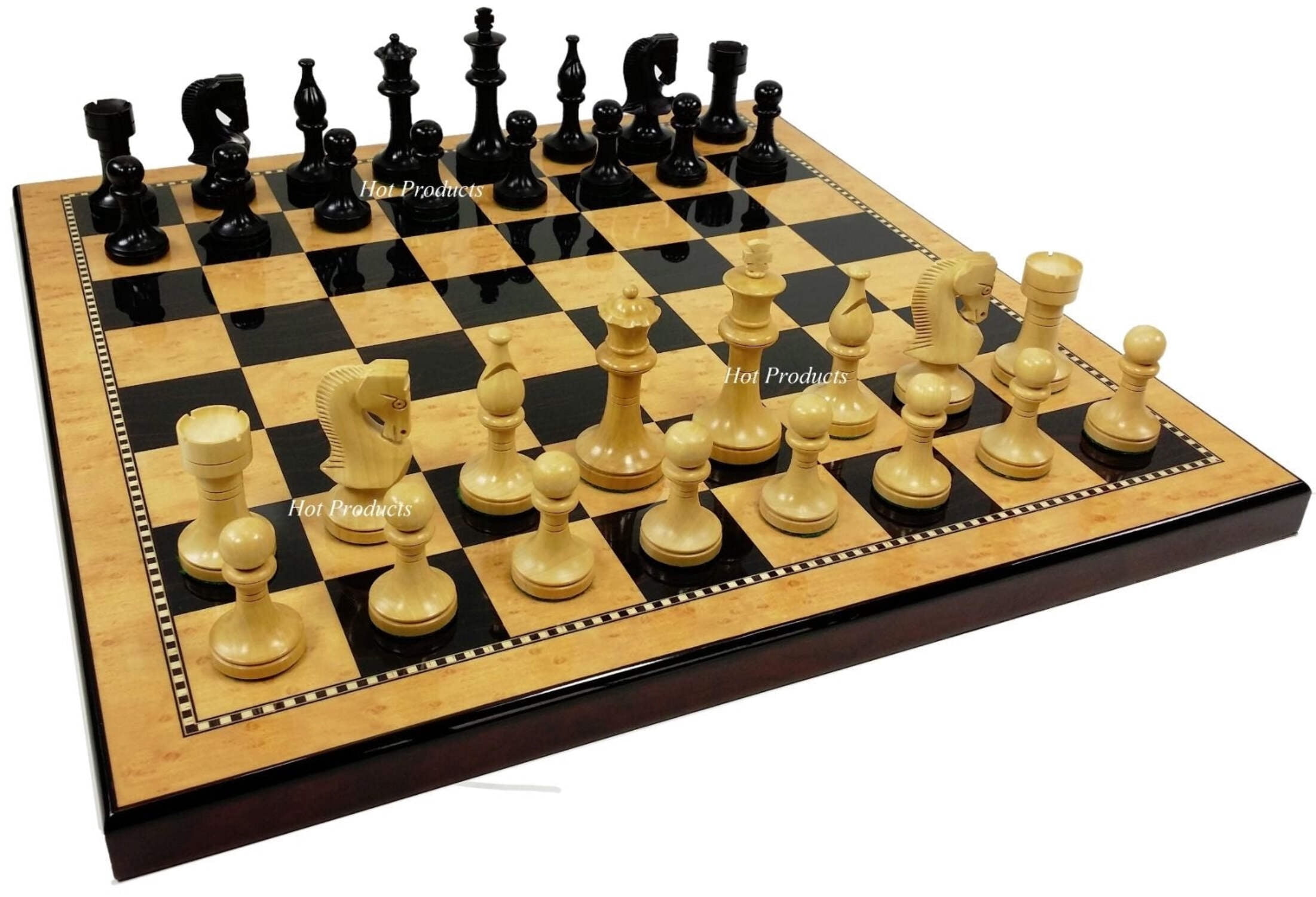Black RUSSIAN 3 1/2" Staunton Wood Chess Set 18" Walnut  Maple Color Board