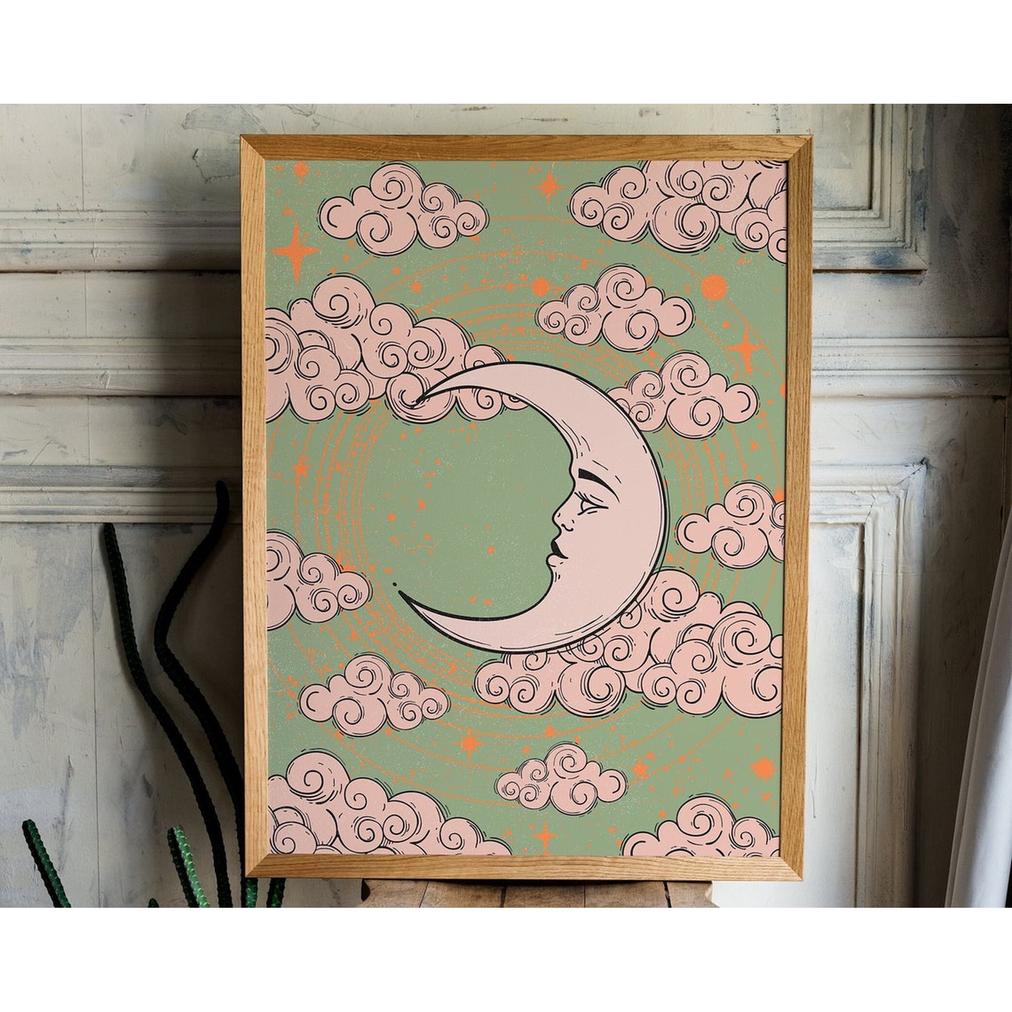 Moon Print Celestial Print 70S Decor Moon And Stars Vintage Poster Witchy Art Print Celestial Art 70S Wall Art Bohemian Wall Decor Wall Art Modern Wall Decor 12x18 UNFRAMED
