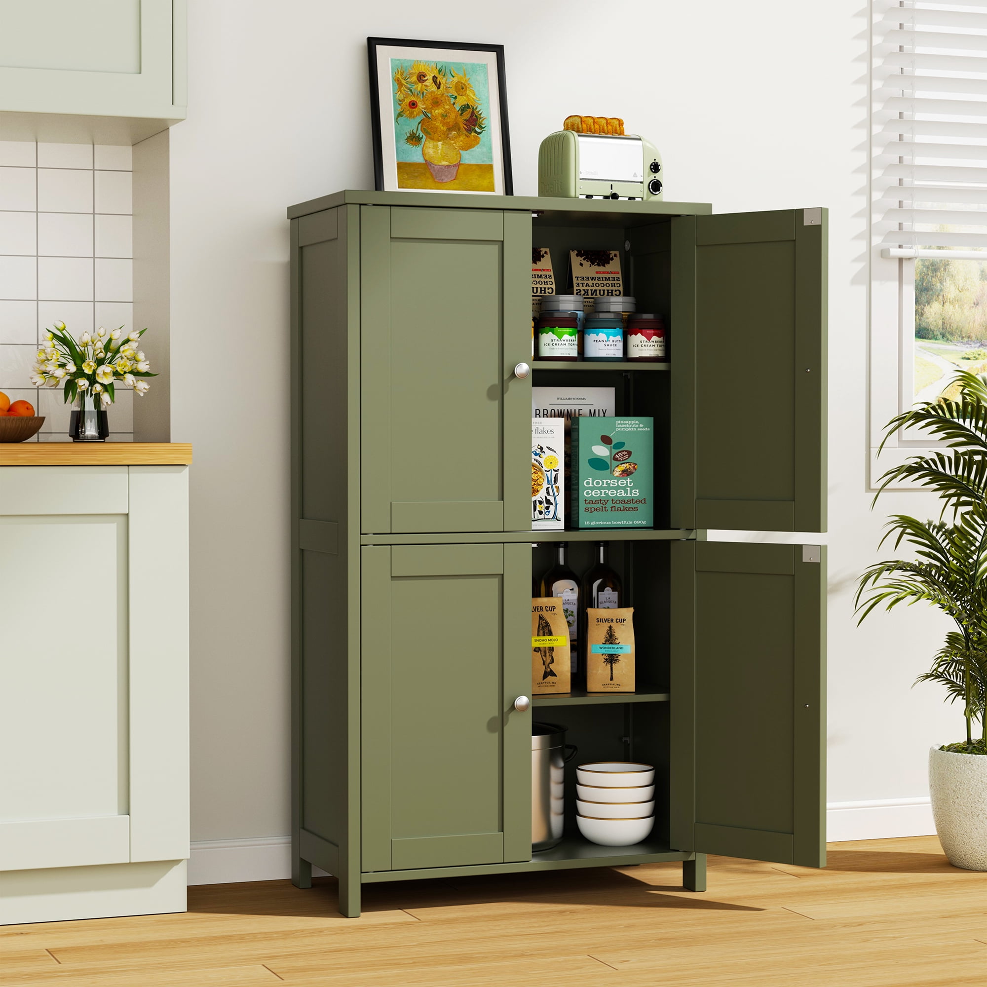 Walsunny Freestanding Bathroom Floor Storage Adjustable Shelf with 4 Doors 43" Wooden Pantry Cabinet for Kitchen Small Spaces,Green