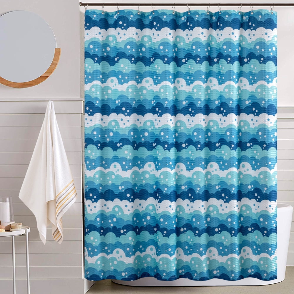 Curtainking Fabric Shower Curtain for Bathroom Water-Repellent Blue Spume Waffle Weave Bath Curtain with Shower Rings, 70x72 inch 1 Panel