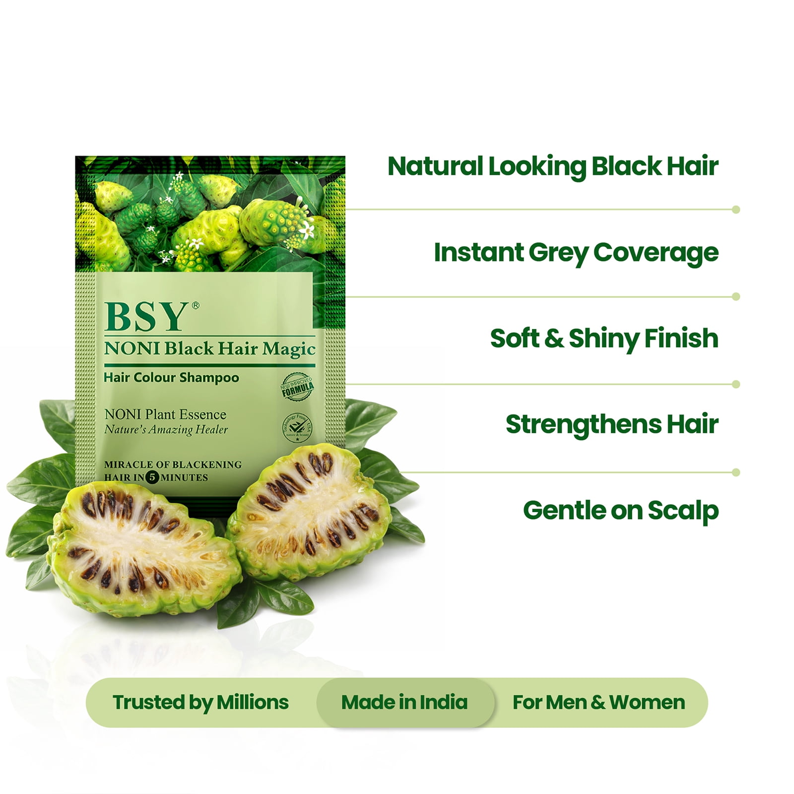 BSY Noni Black Hair Magic Hair color shampoo (12ml x 10 Sachets), Ammonia Free Hair Color Shampoo for men|Natural Black Permanent Hair Dye Shampoo for women, Noni Fruit Hair Dye, 5 Minutes HairColour