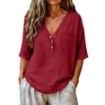 thumbnail image 2 of LIZUOJUN Women's Mid sleeve T-shirt Casual Button Down Washed Cotton LinenMiddle Length Sleeve Tops Casual Button Round Neck Loose Summer Top T Shirt,Wine XL, 2 of 6