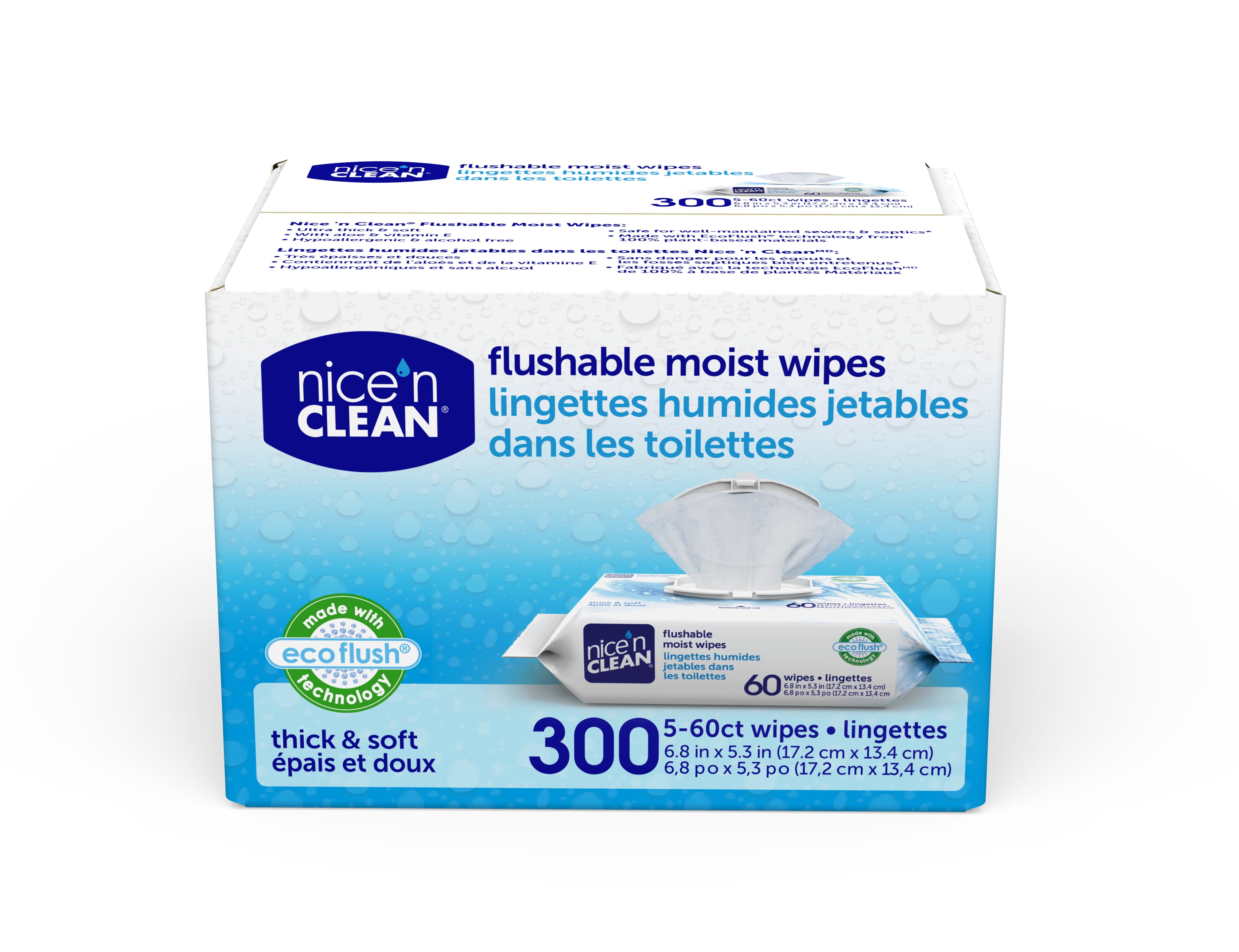 Nice n Clean Flushable Moist Wipes, 5 packs of 60 (300 count)