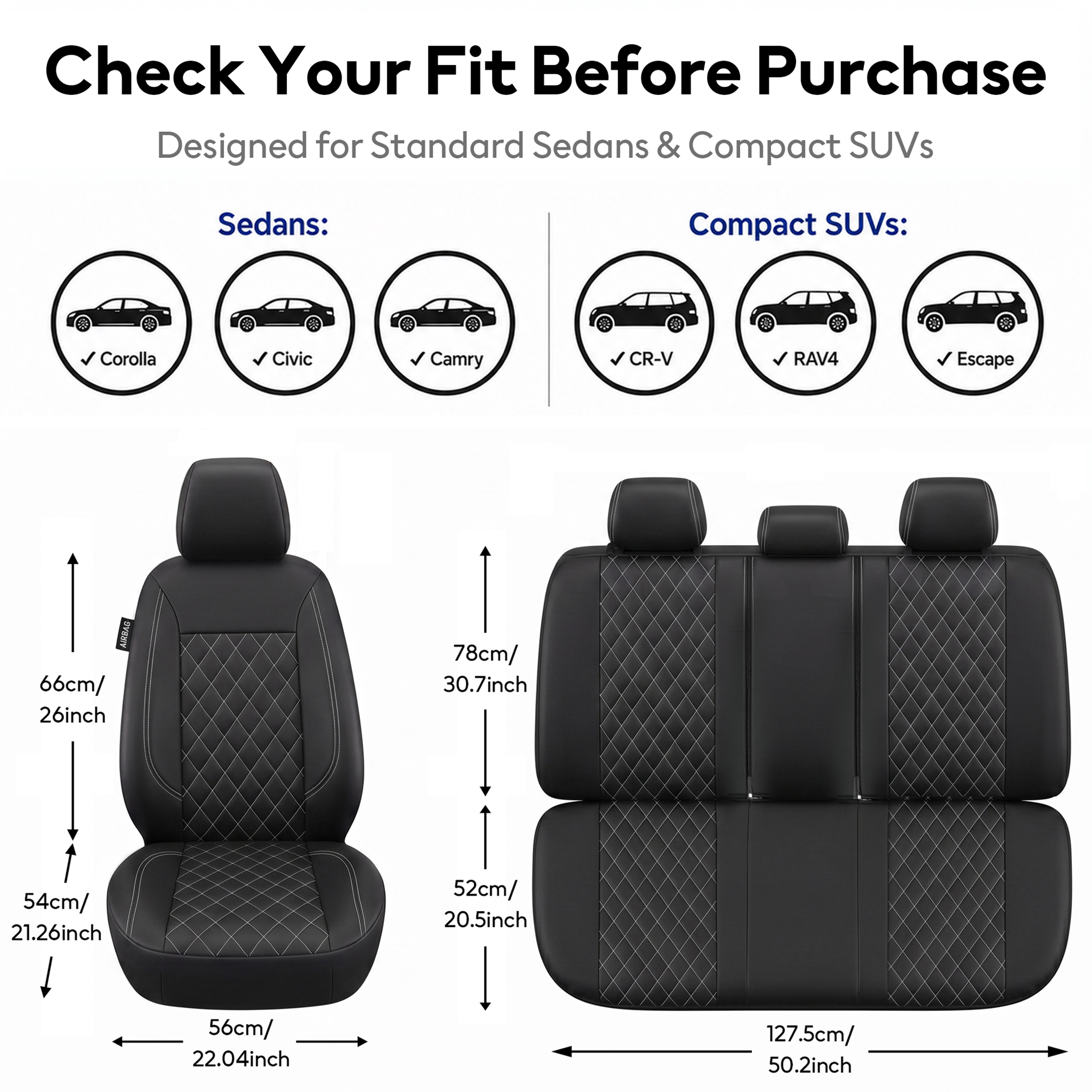 FLORAY Waterproof PU Leather Full Set Car Seat Covers, Black, Airbag Compatible photo 4