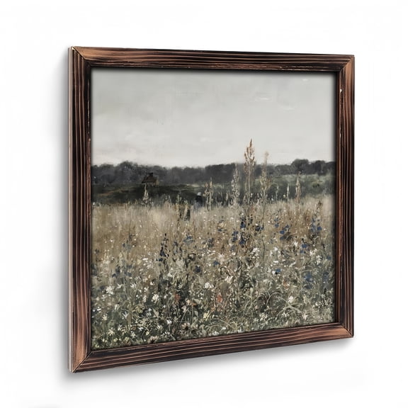 Rustic Square Framed Wooden Art Prints Wall Art, Home Decor Vintage Scenery Field Meadow Flowers Oil Painting Wall Art Prints, Retro Nature Floral Wall Decor for Living Room