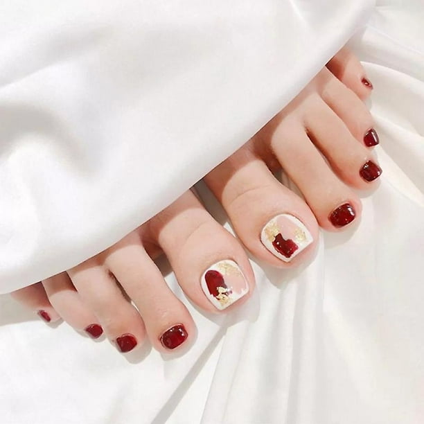 Uñas postizas HUOGUO, borgoña, con flores de larga duración