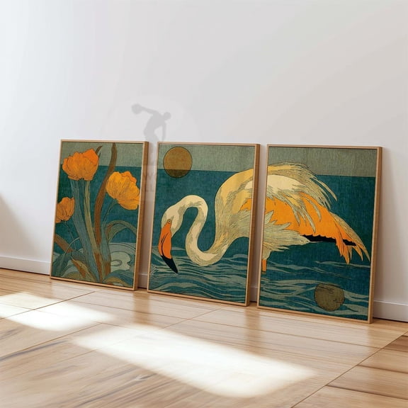 Vintage Flamingo Orange Teal Tropical Bird Retro Wall Art Print Set 3 Unframed Paper Print 8x12