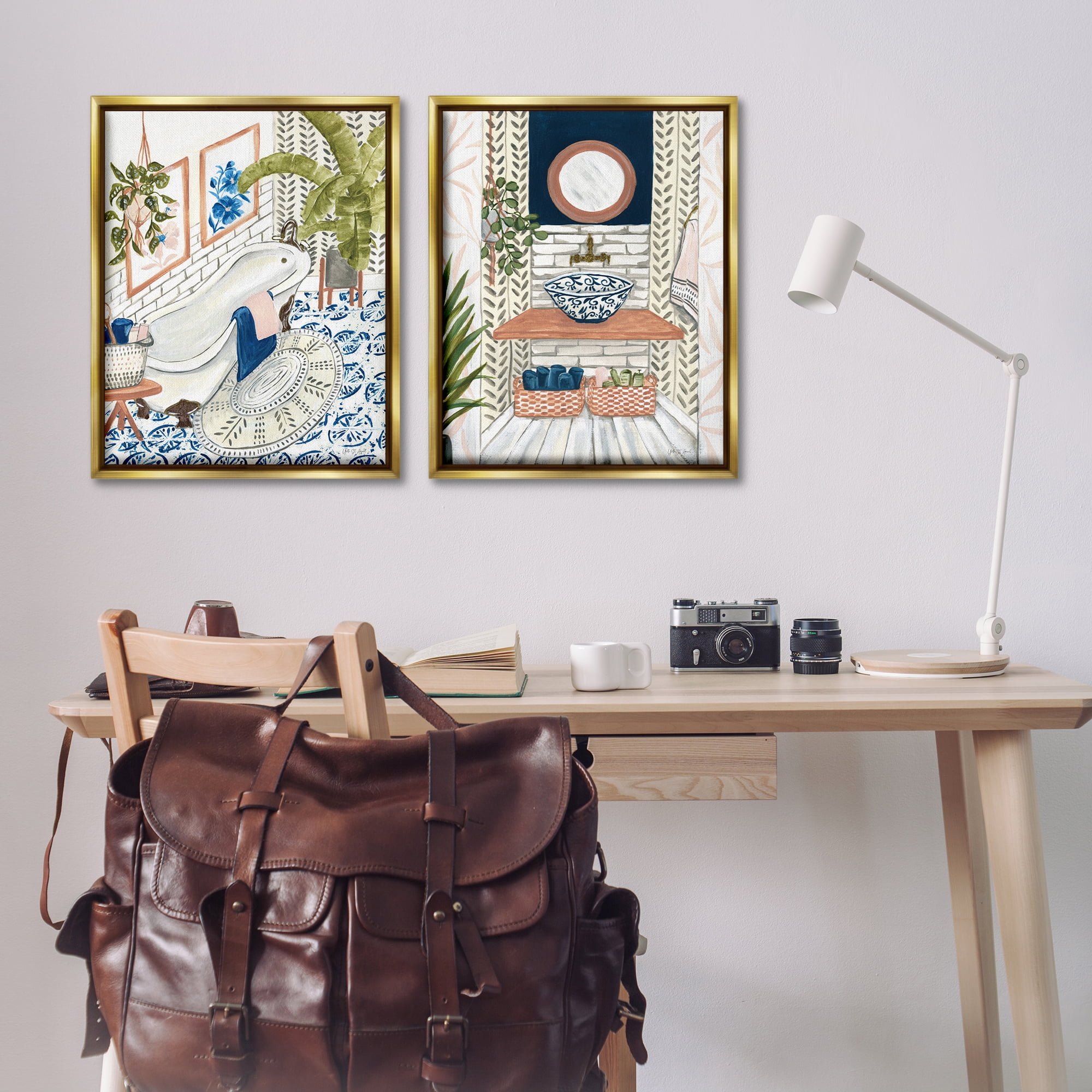 Stupell Industries Boho Chic Bathroom Bath & Laundry Painting Gold Floater Framed Canvas Art Print Wall Art, 31 x 25, Set of 2