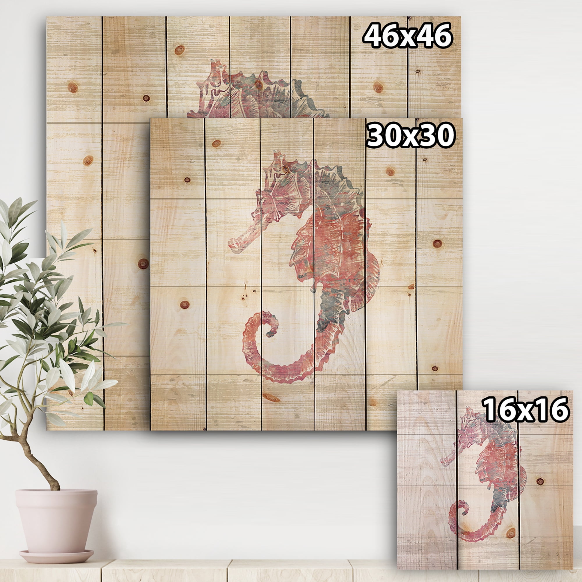 Designart 'Pink seahorses Ocean Life' Nautical & Coastal Print on Natural Pine Wood