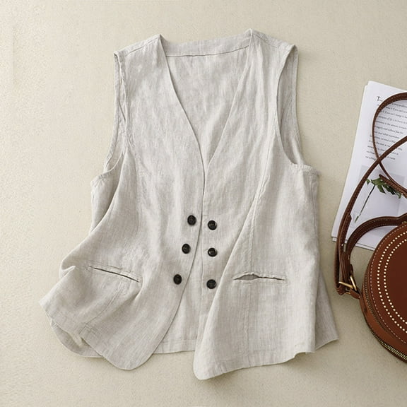 Pitauce Women's Sleeveless Linen Cardigan Casual V Neck Button Blazer Vest Loose Fit Lightweight Waistcoat Jackets with Pockets